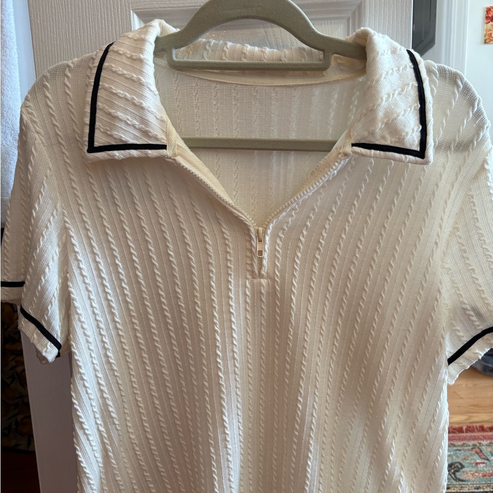Cream Knit Polo Shirt with Black Trim